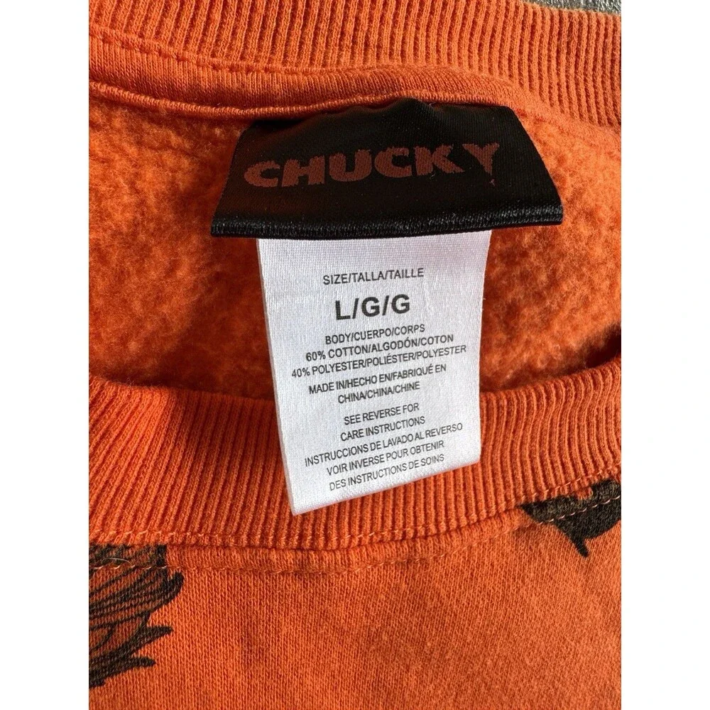 CHUCKY Horror Movie Orange Sweatshirt Size LRG All Over Print Doll Scary